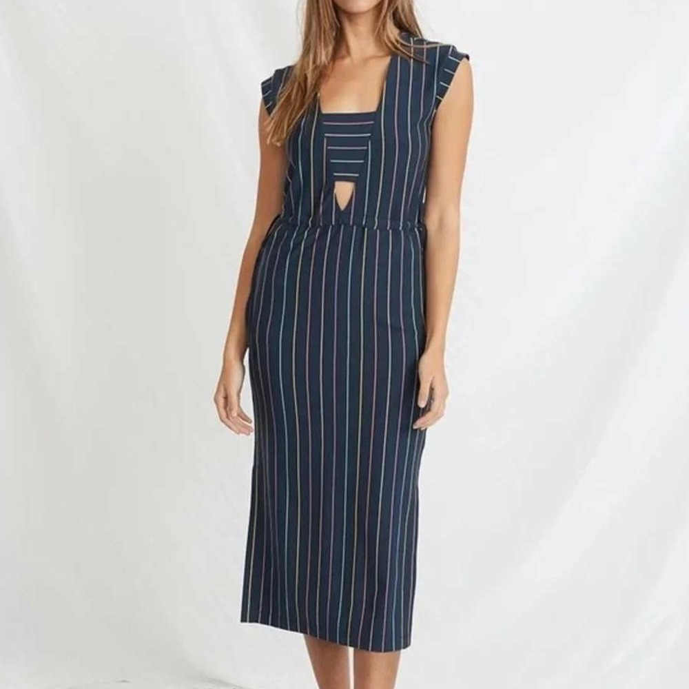 Marine Layer Cotton Blend Drawstring Sleeveless Midi Dress Navy Medium
